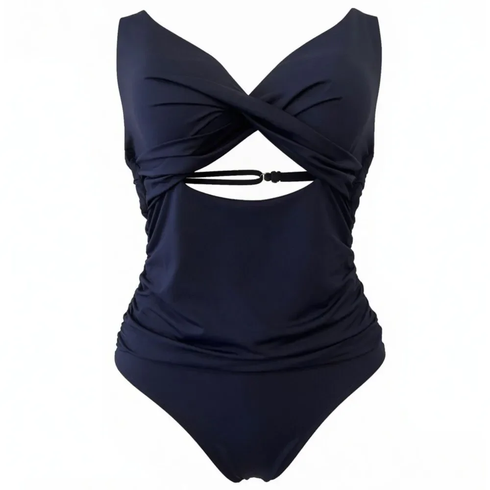 La Blanca Sz 14 Island Goddess Swimsuit Blue Navy Cross Front Keyhole One Piece